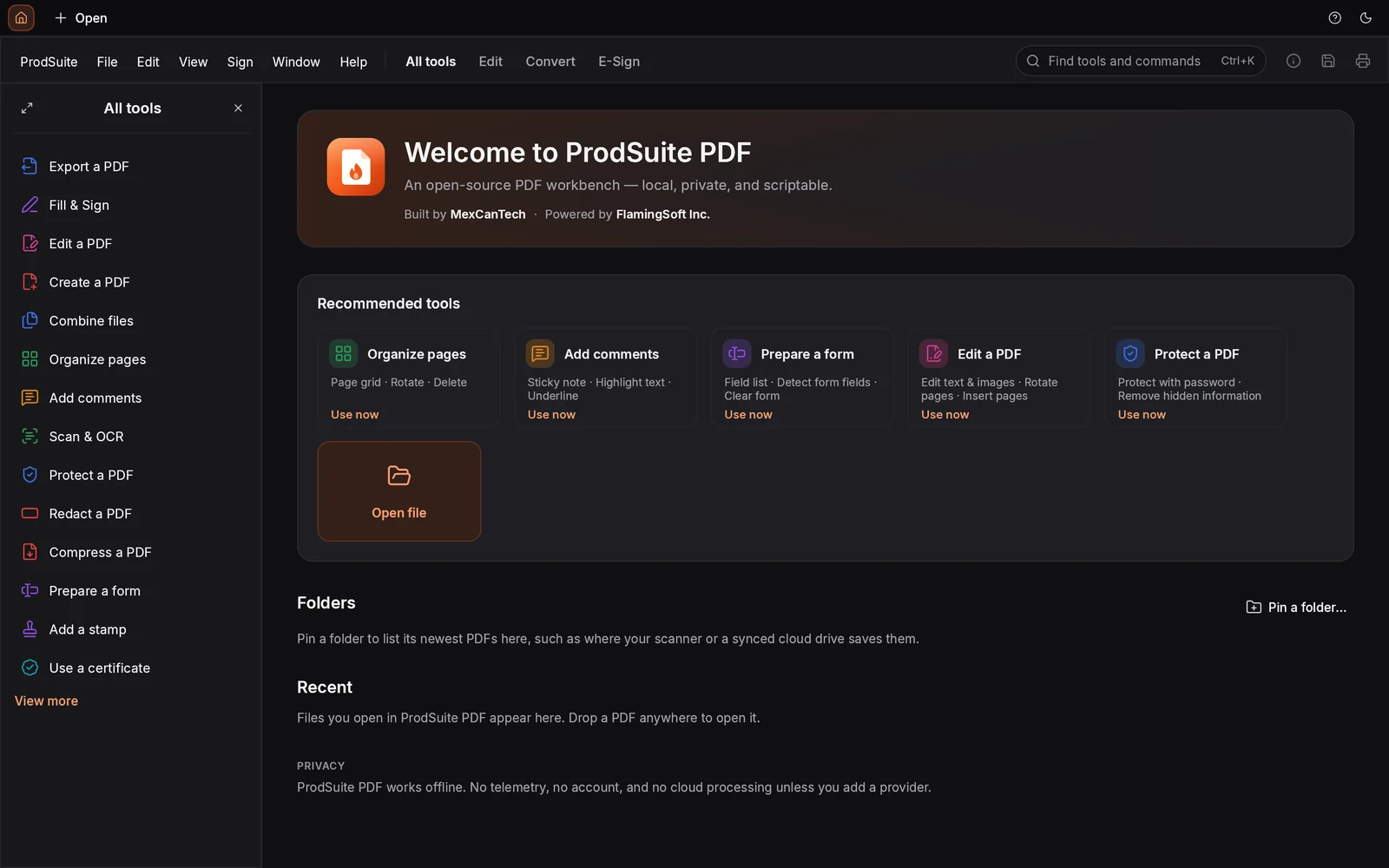 ProdSuite's home screen in the dark theme, with the welcome banner and recommended tools.