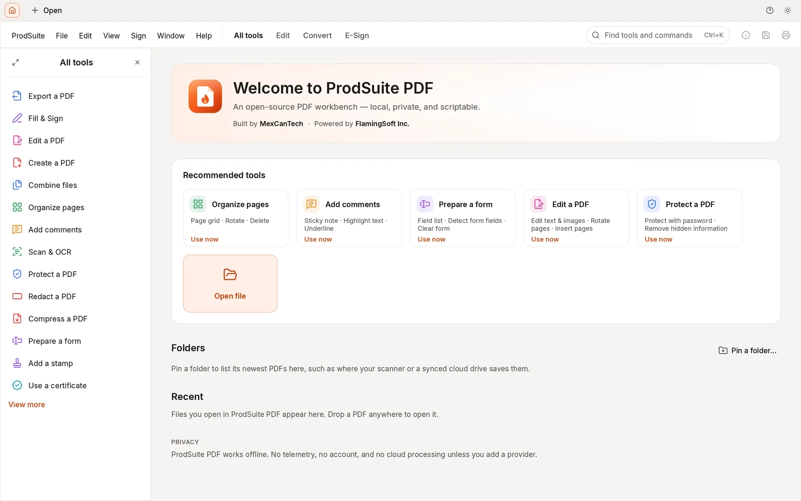 ProdSuite's home screen: a welcome banner with the ProdSuite mark, recommended tools and recent files.