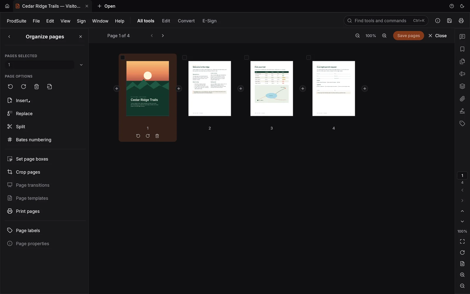 The Organize pages view in the dark theme, with four page thumbnails and page tools on the left.