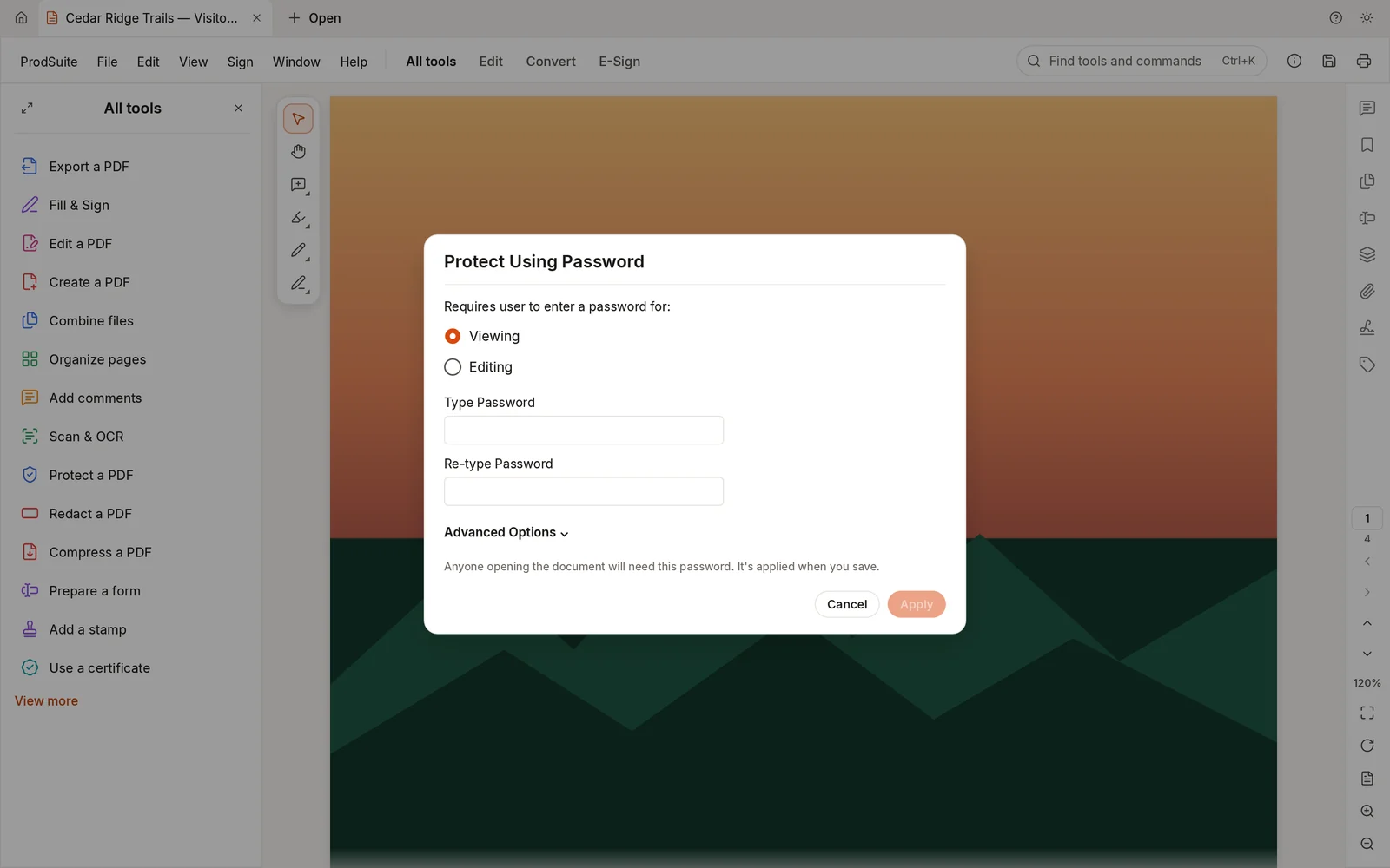 The Protect Using Password dialog over a document, asking for a password for viewing or editing.